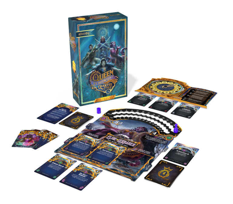 Queen by Midnight: Quarter Past - Quarter Past card game set with illustrated cards, game board, purple six-sided die, and themed packaging in dark blue and.
