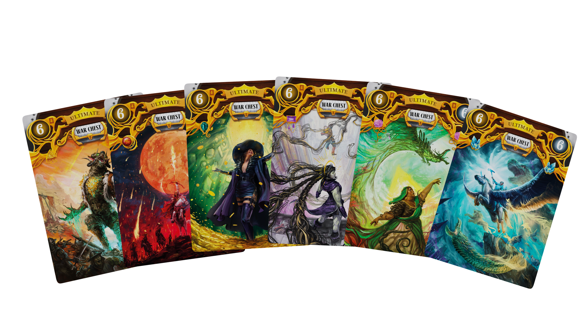 Queen by Midnight - Five colorful fantasy-themed card game decks fanned out, each with unique character artwork and vibrant backgrounds.