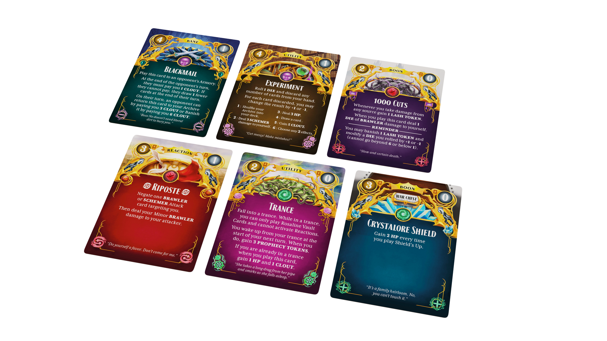 Queen by Midnight - Seven colorful rectangular playing cards with ornate gold and floral borders spread on a white background.