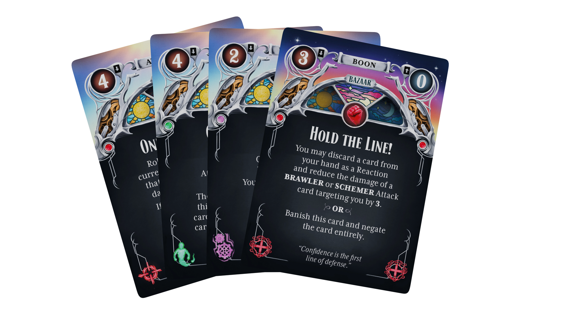 Queen by Midnight - Set of five black playing cards with colorful icons and white text, each featuring a unique message and circular symbols.
