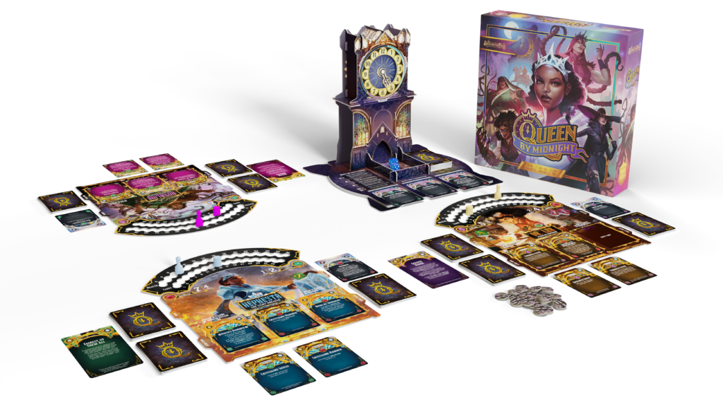 Queen by Midnight - Queen by Midnight card game set with colorful character cards, wooden clock centerpiece, and illustrated box.