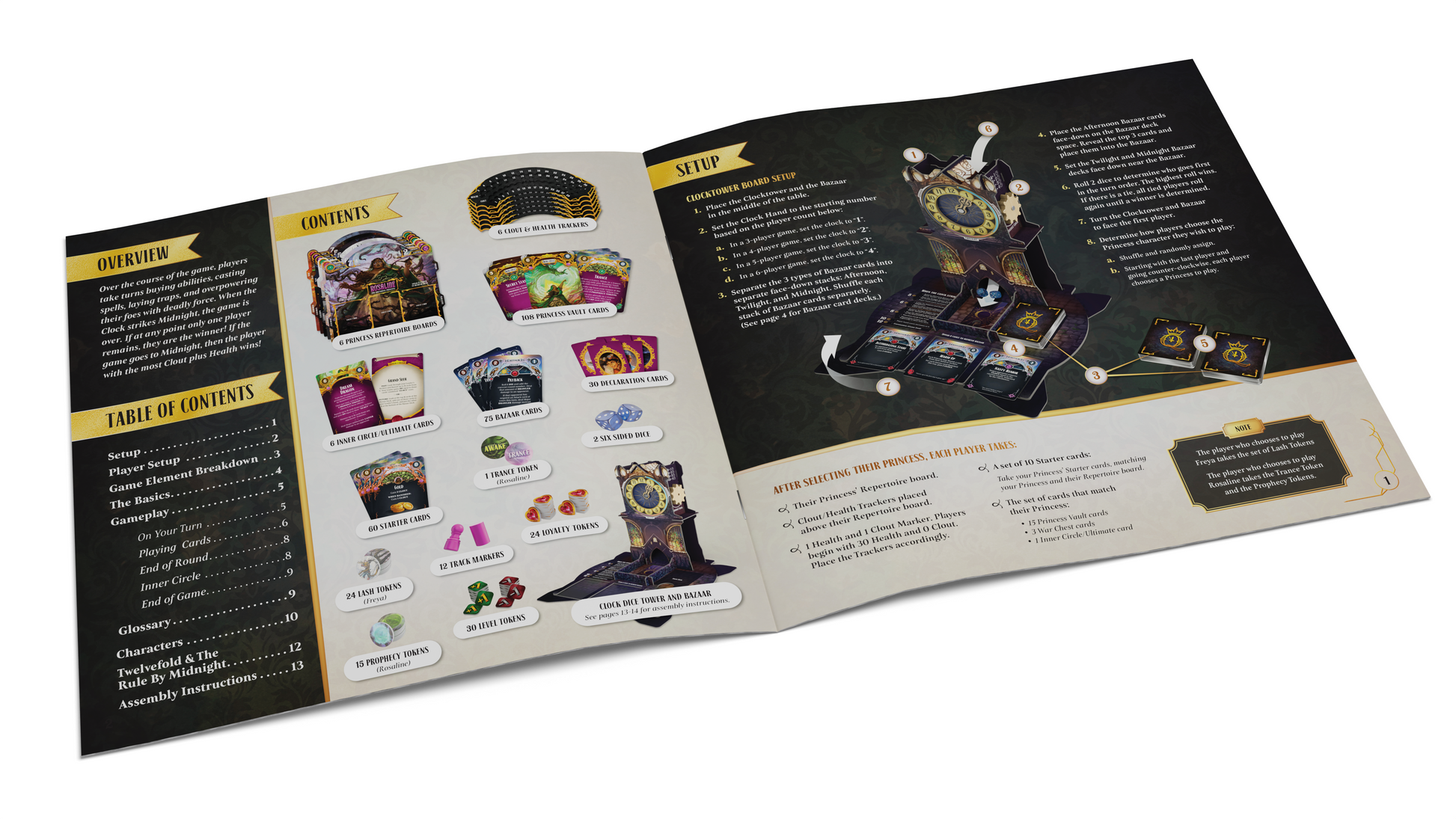 Queen by Midnight - Open black and cream game booklet with colorful cards and rule illustrations for Queen by Midnight card game.