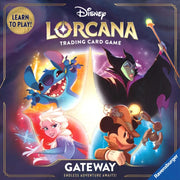 Lorcana TCG: Gateway - Learn to play Box - Colorful Lorcana TCG Gateway box featuring Disney characters Stitch, Elsa, Maleficent, and Mickey Mouse on a purple cosmic.