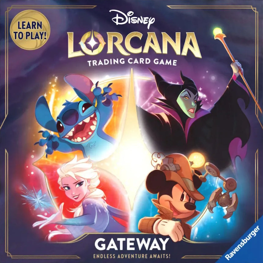 Lorcana TCG: Gateway - Learn to play Box - Colorful Lorcana TCG Gateway box featuring Disney characters Stitch, Elsa, Maleficent, and Mickey Mouse on a purple cosmic.