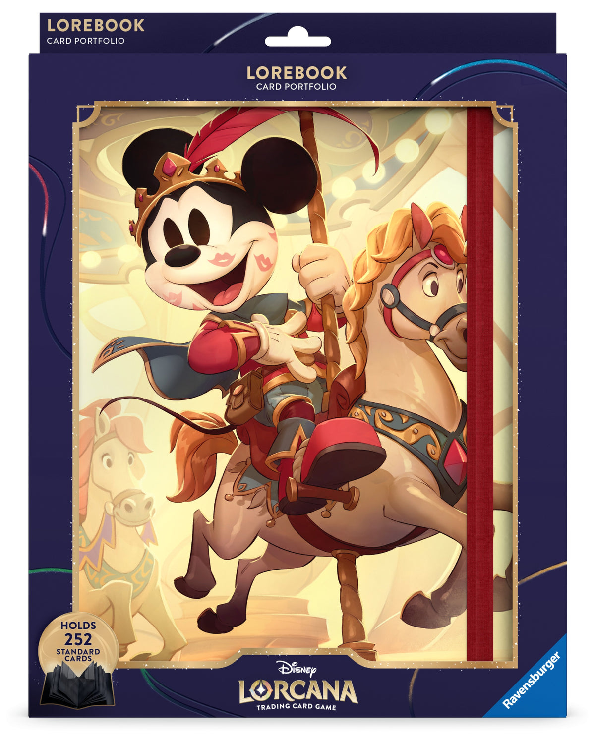 Lorcana Trading Card Game: 9-pocket Portfolio - Mickey & Minnie (PREORDER) - Navy blue Lorcana 9-pocket card portfolio featuring Mickey Mouse dressed as a musketeer riding a horse, with gold trim and a