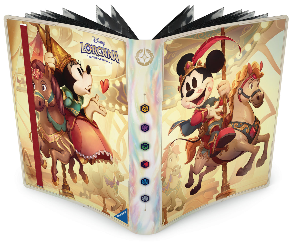 Lorcana Trading Card Game: 9-pocket Portfolio - Mickey & Minnie (PREORDER) - Lorcana 9-pocket card portfolio featuring Mickey and Minnie in medieval costumes riding horses, beige and pastel background.