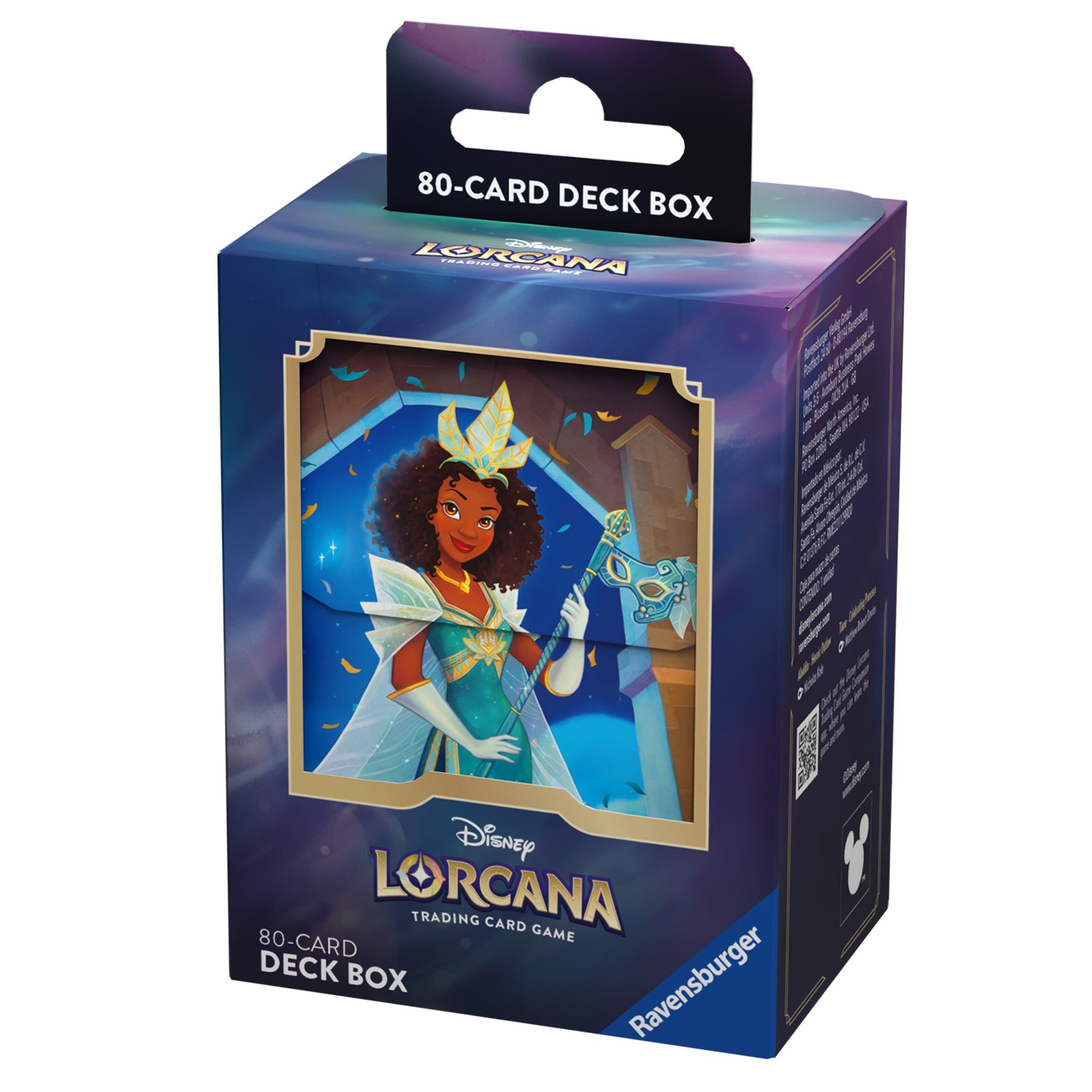 Lorcana TCG: Shimmering Skies Deck Box - Tiana - Purple and blue Lorcana TCG deck box featuring a smiling dark-skinned female character with curly hair and a glowing staff.