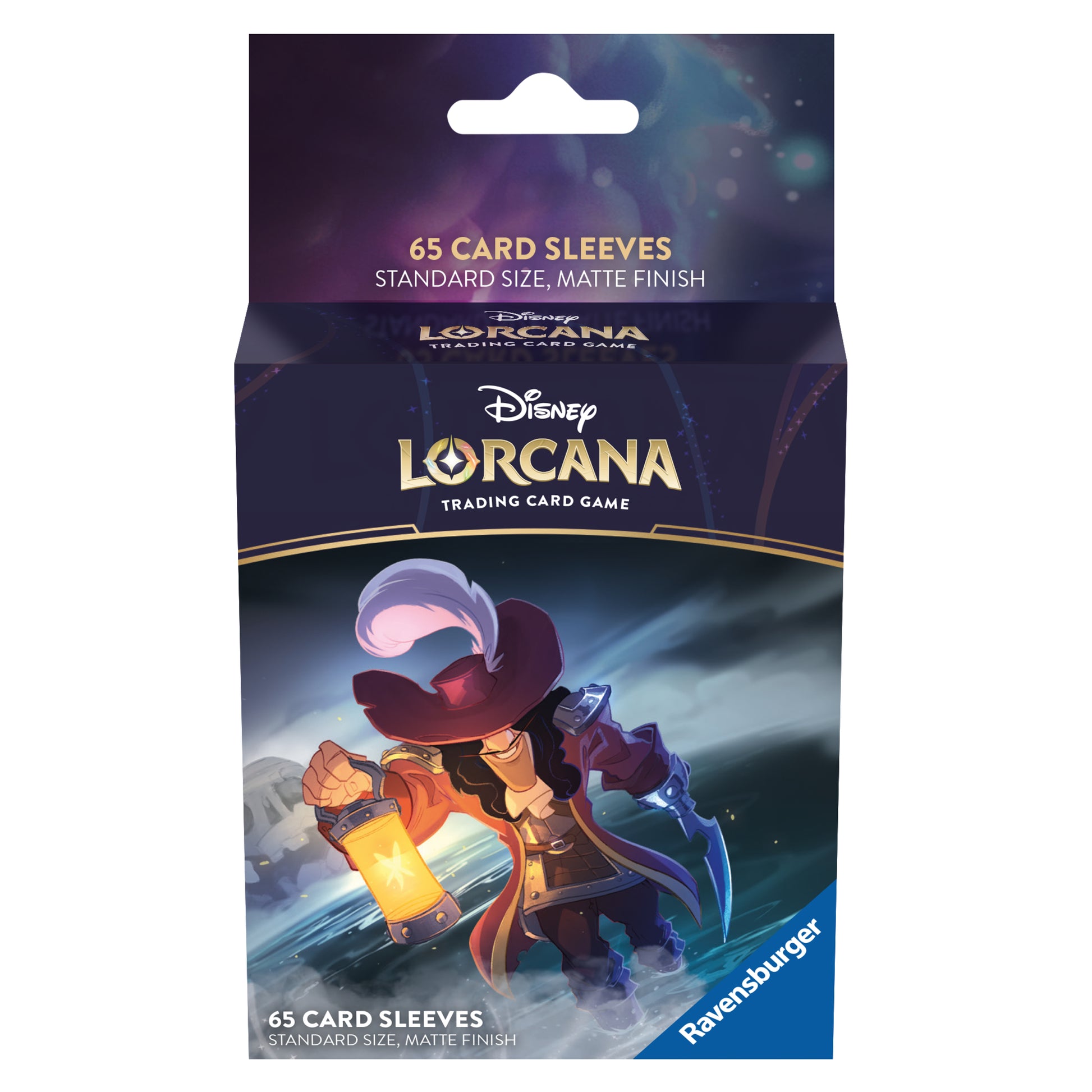 Lorcana Trading Card Game: The First Chapter Card Sleeves Pack - Captain Hook - Card sleeves pack featuring Captain Hook artwork, purple and dark blue with gold accents, matte finish, holds 65 standard.