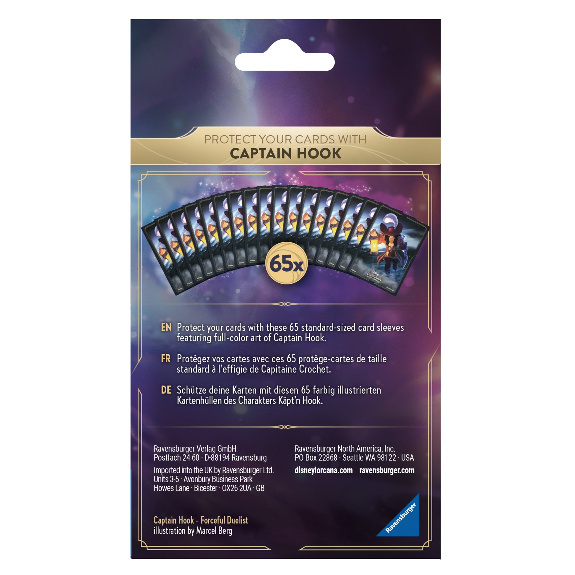 Lorcana Trading Card Game: The First Chapter Card Sleeves Pack - Captain Hook - Card sleeves pack featuring Captain Hook design with dark blue, gold accents, and detailed character artwork.