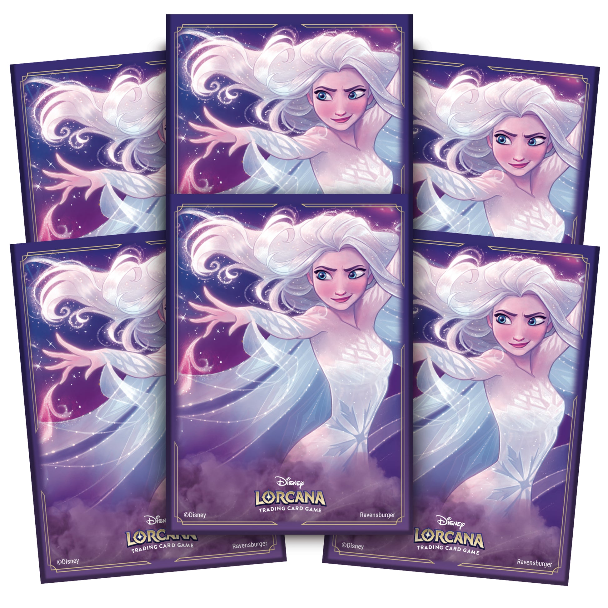 Lorcana Trading Card Game: The First Chapter Card Sleeves Pack - Elsa - Set of six Lorcana trading card sleeves featuring Elsa with flowing white hair and purple background, glossy finish.