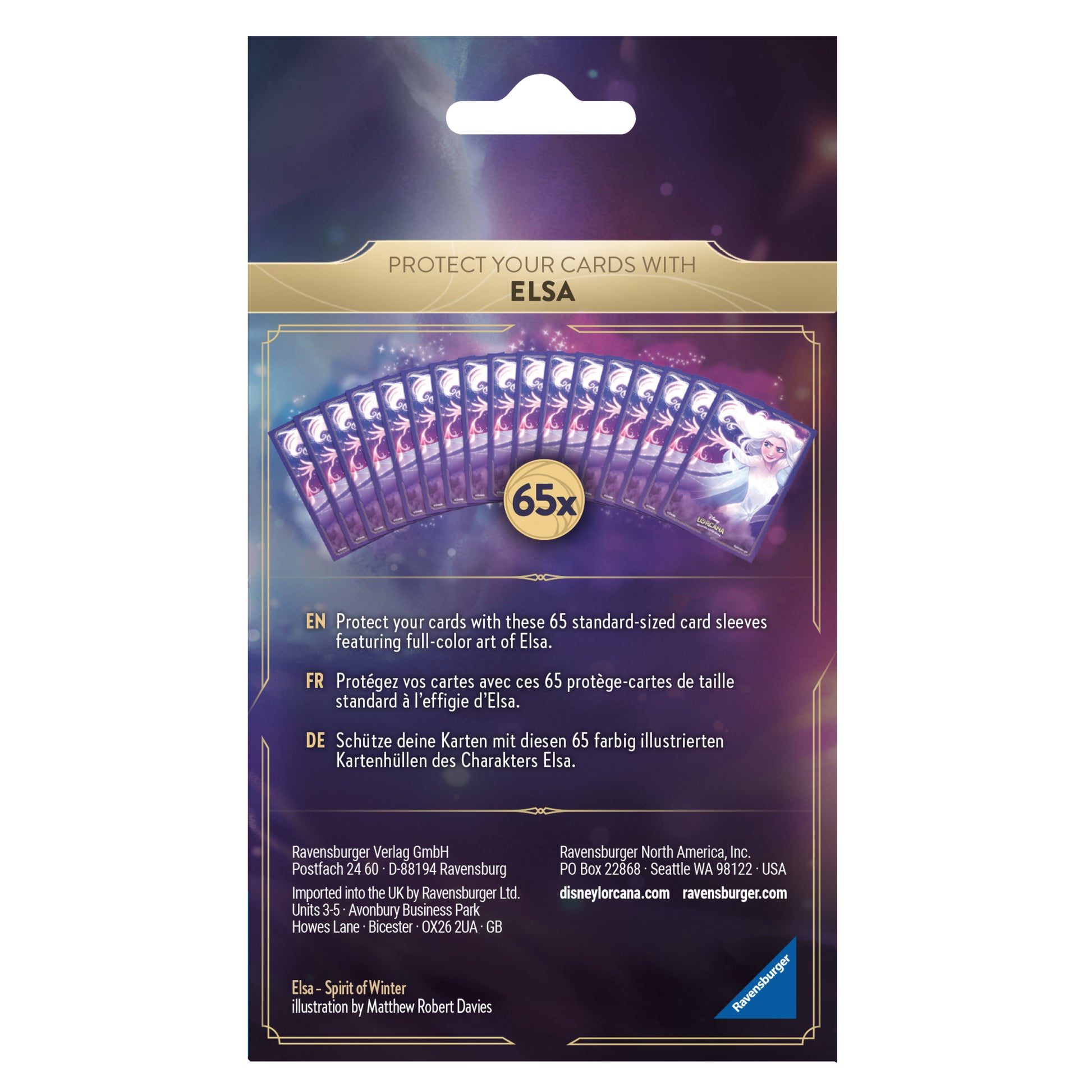 Lorcana Trading Card Game: The First Chapter Card Sleeves Pack - Elsa - Lorcana card sleeves pack featuring purple and blue gradient design with Elsa illustration, 65 count, glossy finish.