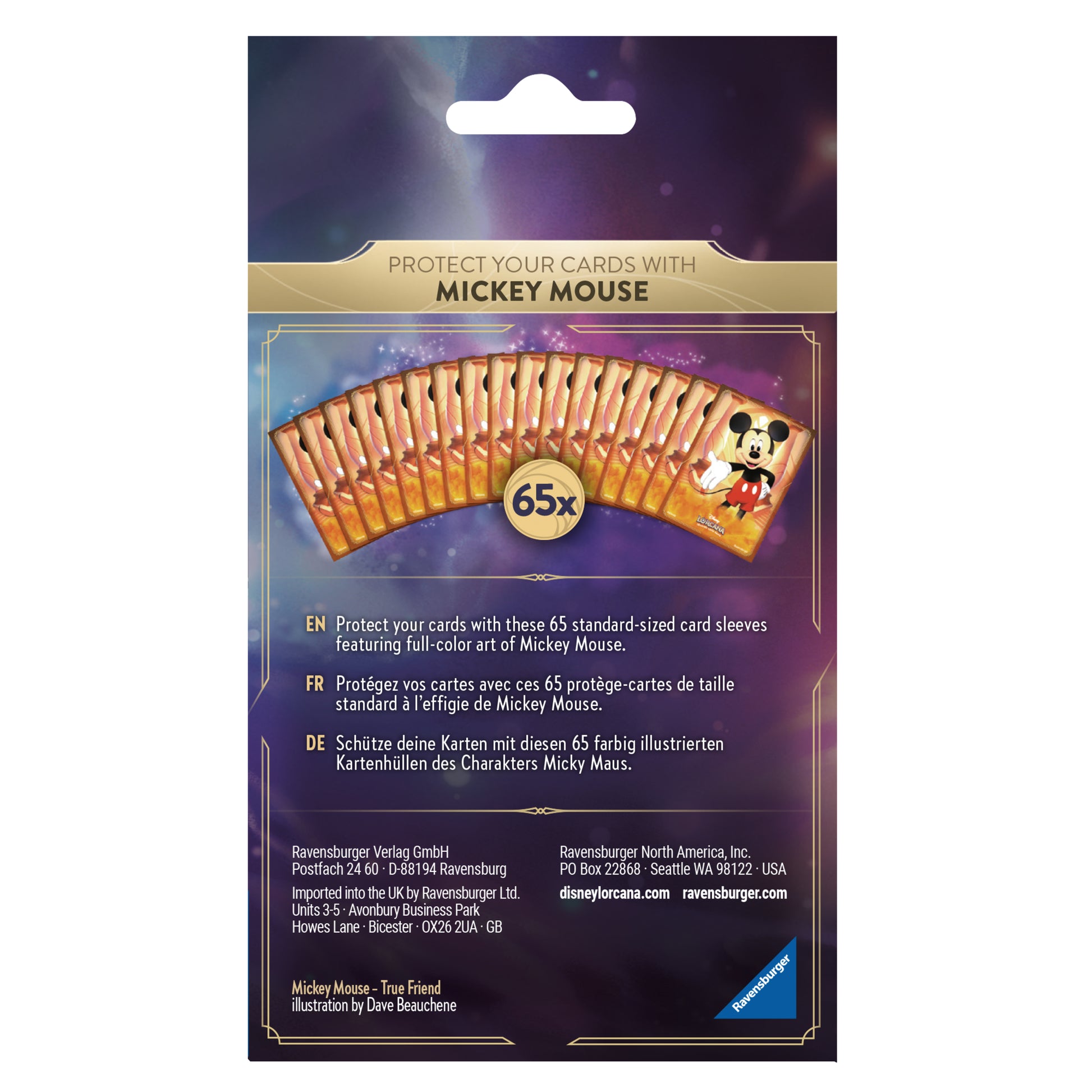 Lorcana Trading Card Game: The First Chapter Card Sleeves Pack - Mickey Mouse - Pack of 65 Lorcana Mickey Mouse card sleeves featuring orange and yellow gradient background with Mickey Mouse illustration.