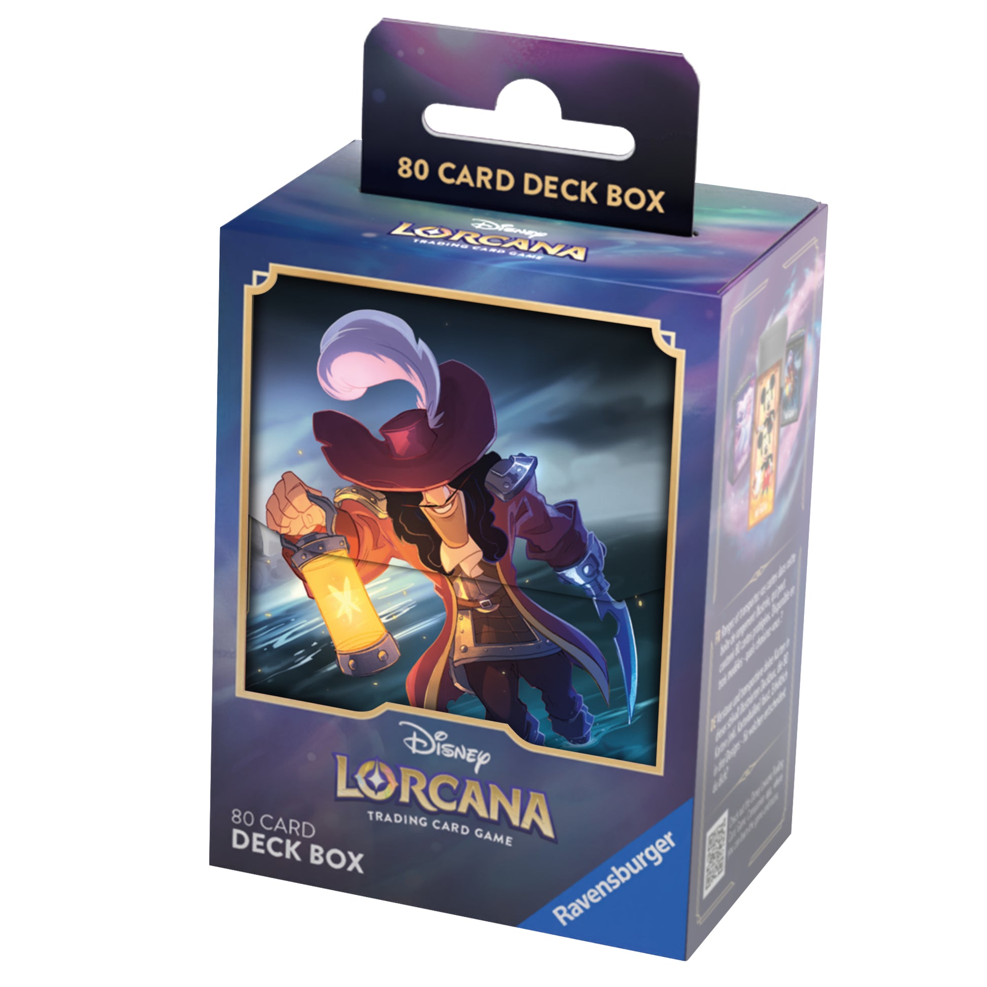 Lorcana TCG: The First Chapter Deck Box - Captain Hook - Purple and blue Lorcana deck box featuring Captain Hook artwork holding a lantern, with gold accents and capacity for 80.