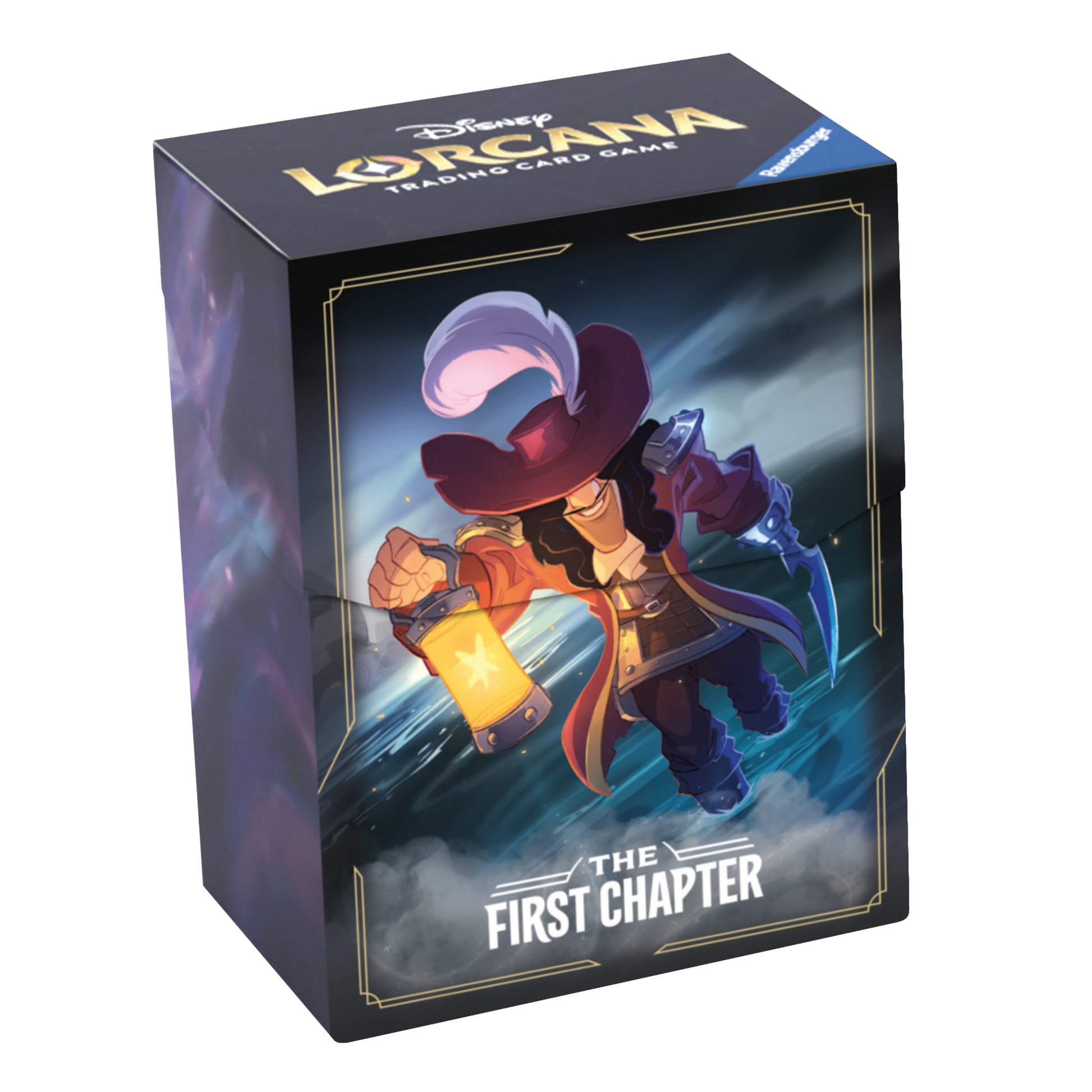Lorcana TCG: The First Chapter Deck Box - Captain Hook - Dark themed rectangular deck box featuring a stylized Captain Hook illustration holding a lantern, with gold and white text.