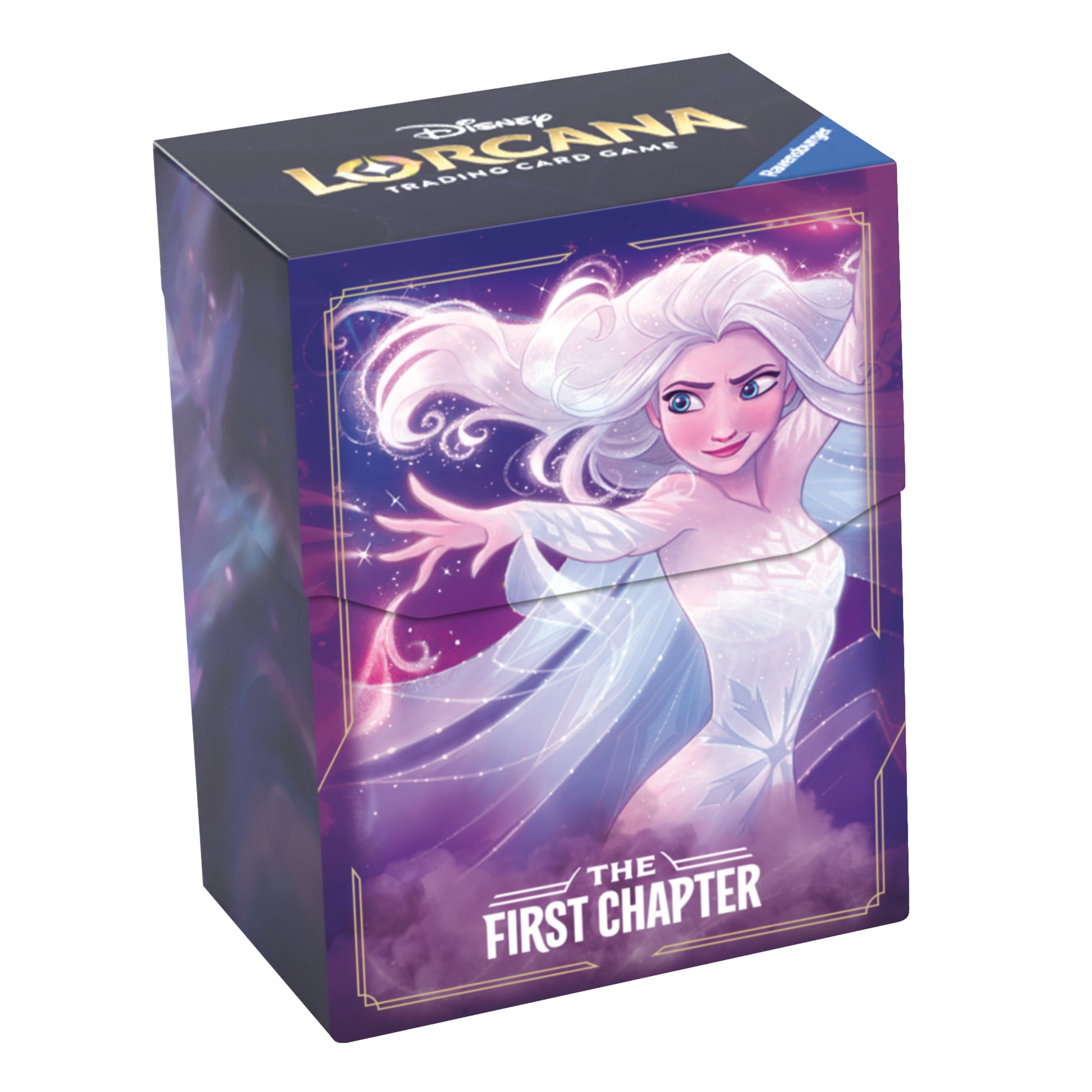 Lorcana Trading Card Game: The First Chapter Deck Box - Elsa - Purple rectangular deck box featuring Elsa with flowing white hair and the text "The First Chapter" and "Lorcana" in gold.