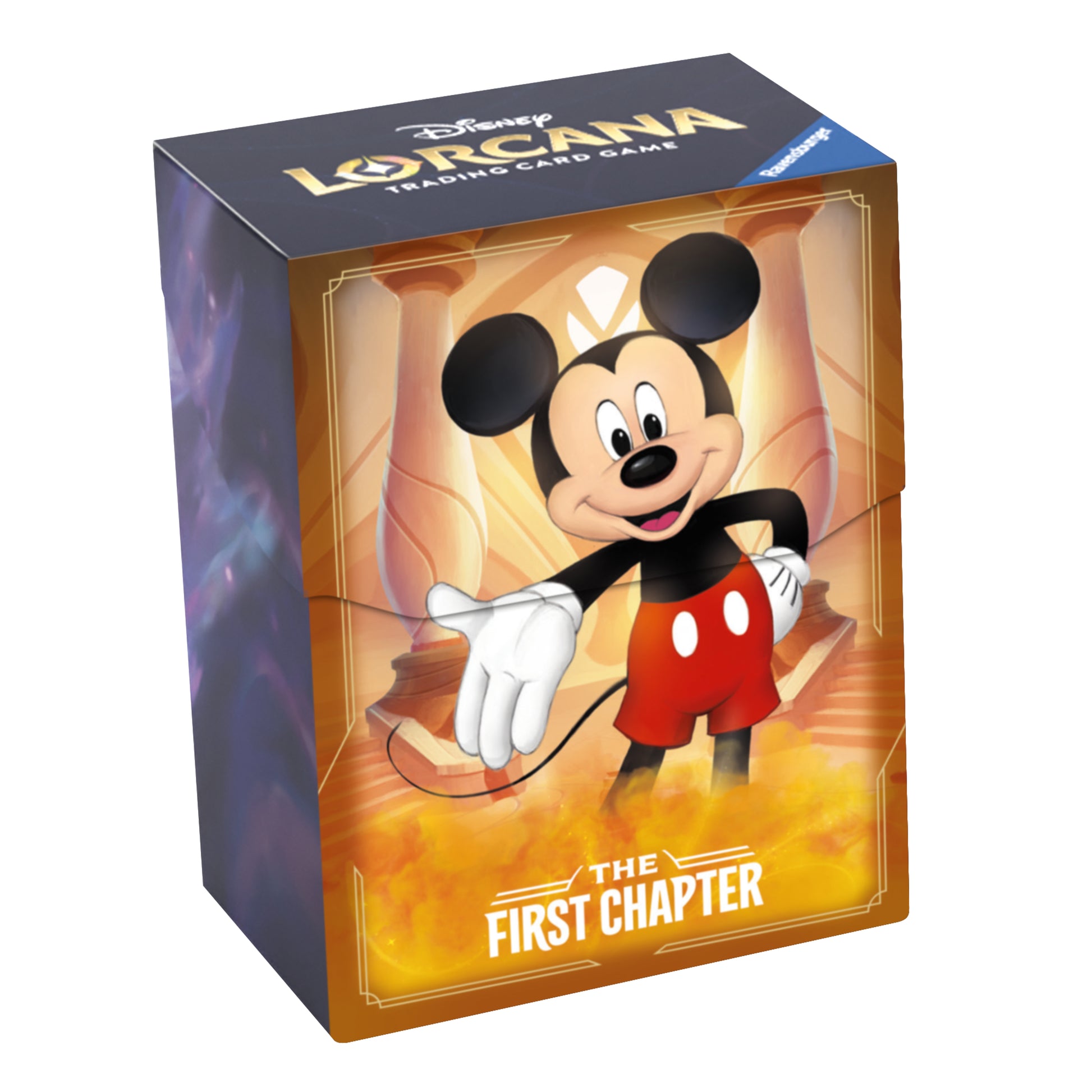 Lorcana Trading Card Game: The First Chapter Deck Box - Mickey Mouse - Rectangular card deck box featuring Mickey Mouse in red shorts with white gloves, golden background, and "The First Chapter"