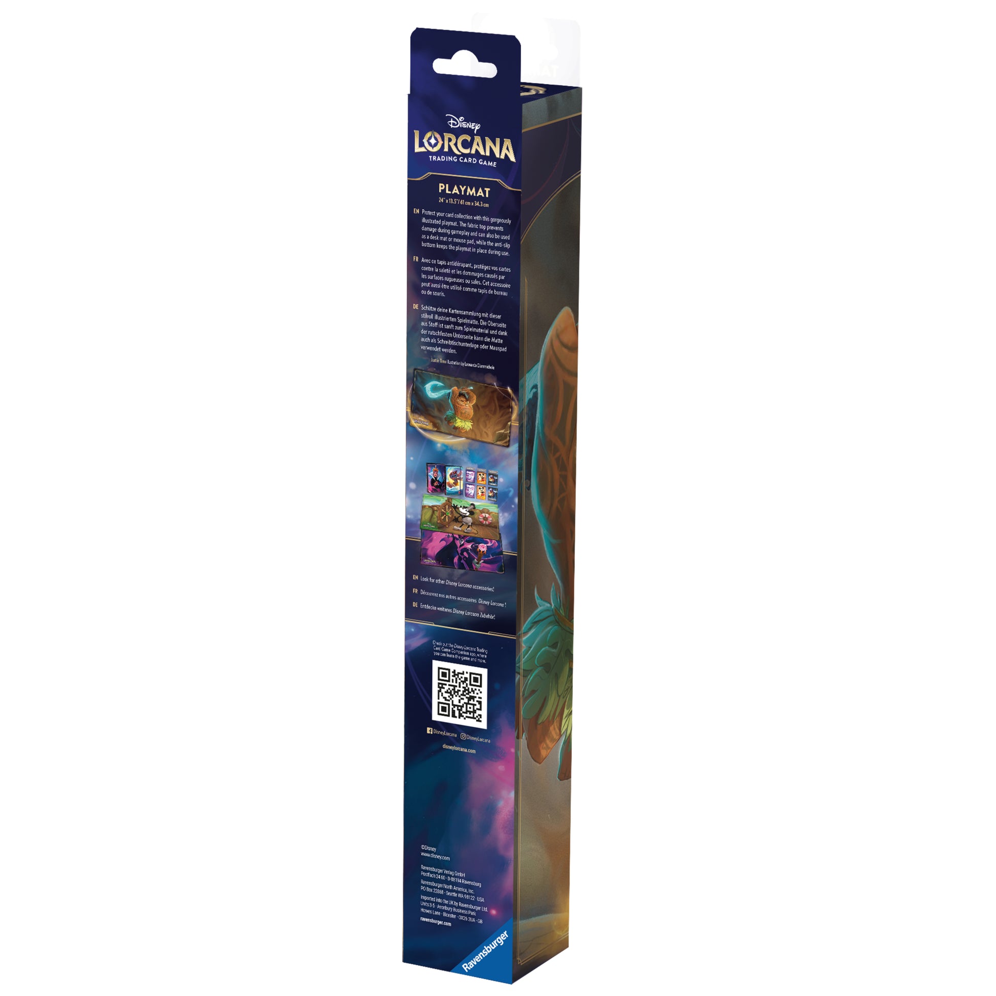 Lorcana Trading Card Game: The First Chapter Playmat - Maui - Rolled Lorcana trading card game playmat with colorful Maui character design, packaged in tall, narrow box with dark blue.