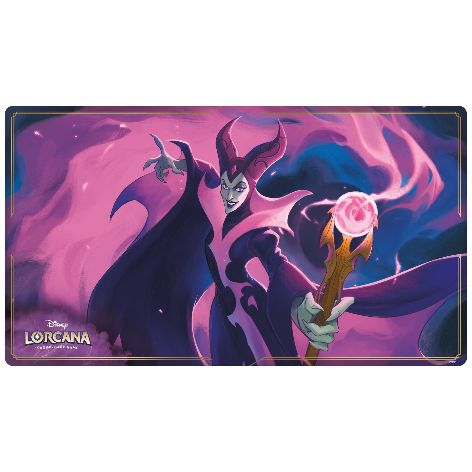 Lorcana Trading Card Game: The First Chapter Playmat - Maleficent - Rectangular gaming playmat featuring Maleficent in dark purple and black robes with glowing pink magical aura and staff,.