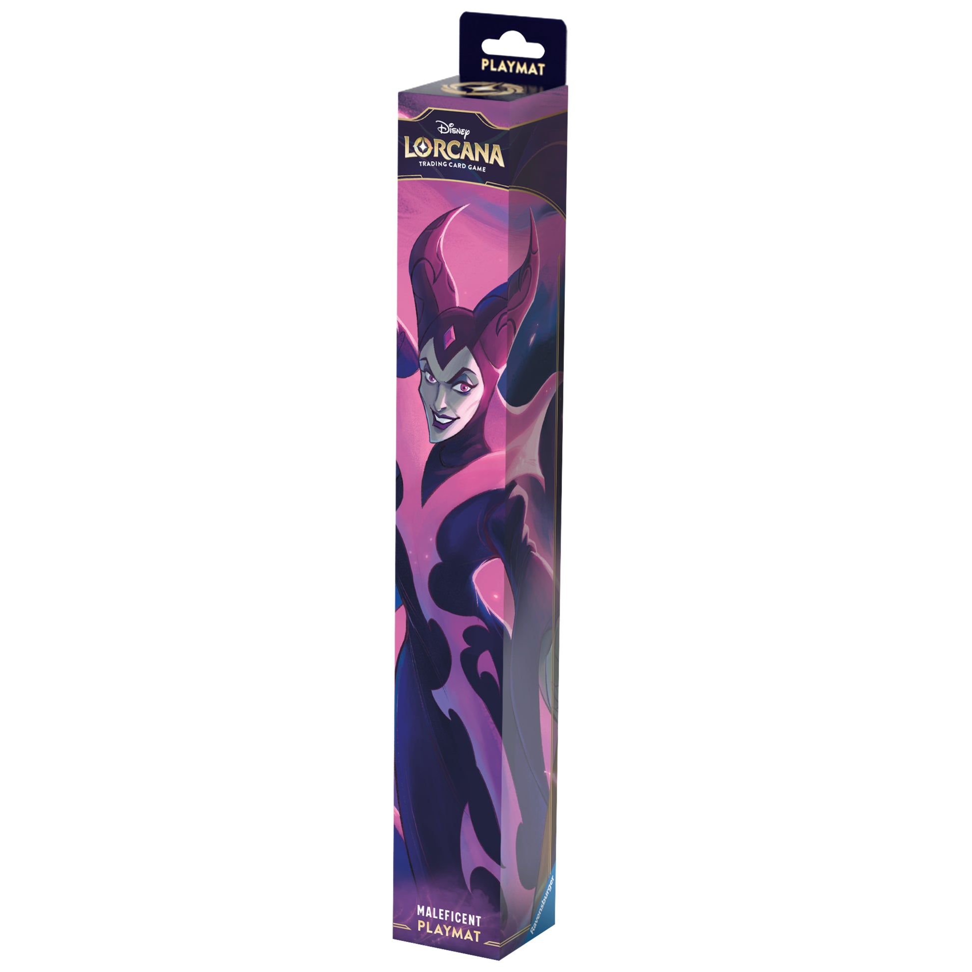 Lorcana Trading Card Game: The First Chapter Playmat - Maleficent - Tall rectangular box featuring purple and black artwork of Maleficent on the Lorcana playmat packaging.