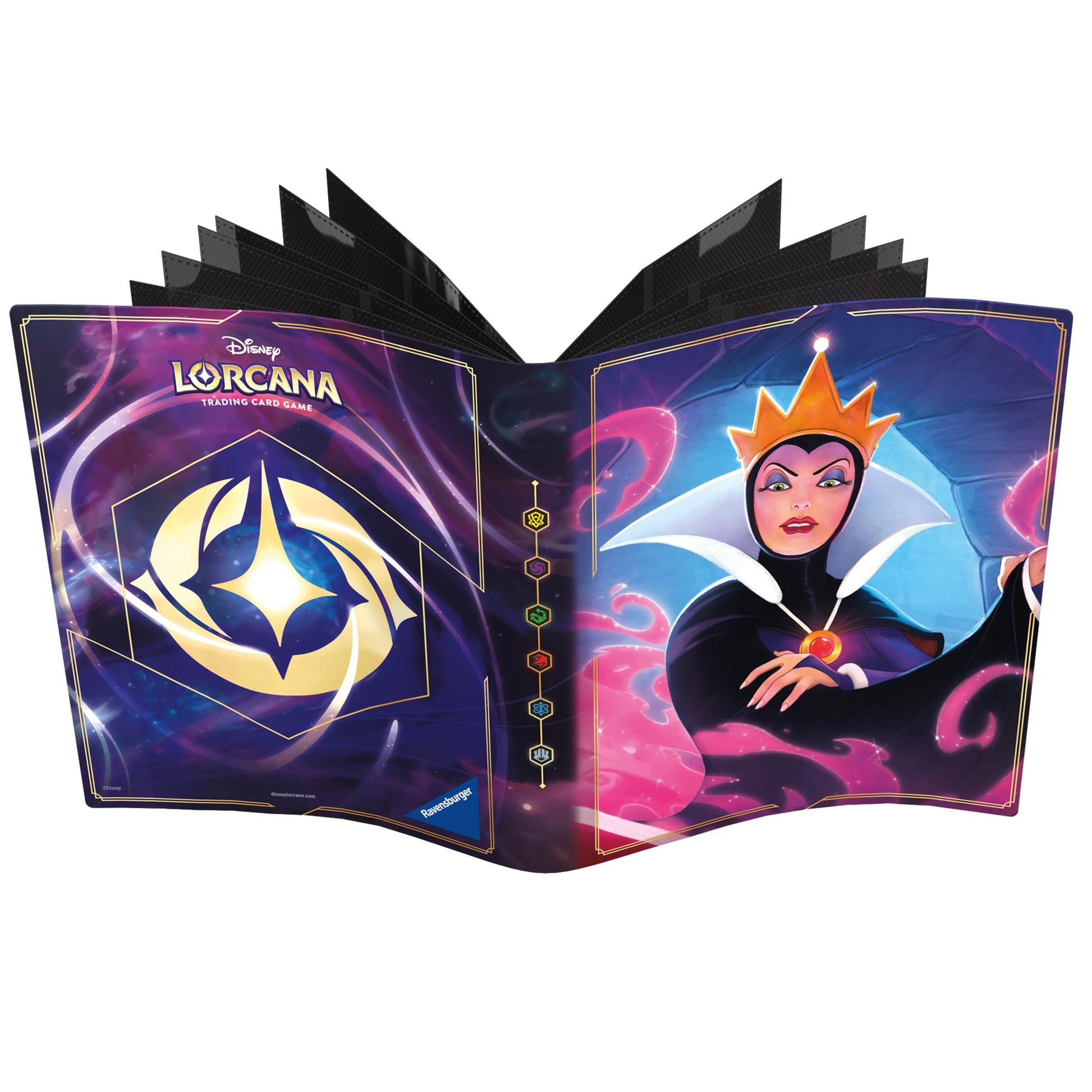 Lorcana Trading Card Game: The First Chapter Portfolio - Maleficent - Purple Lorcana trading card portfolio featuring Maleficent with a crown and dark swirling smoke design.