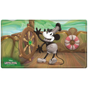 Lorcana Trading Card Game: The First Chapter Playmat - Mickey Mouse - Rectangular playmat with colorful cartoon scene of classic black-and-white Mickey Mouse steering a wooden ship’s wheel on a.