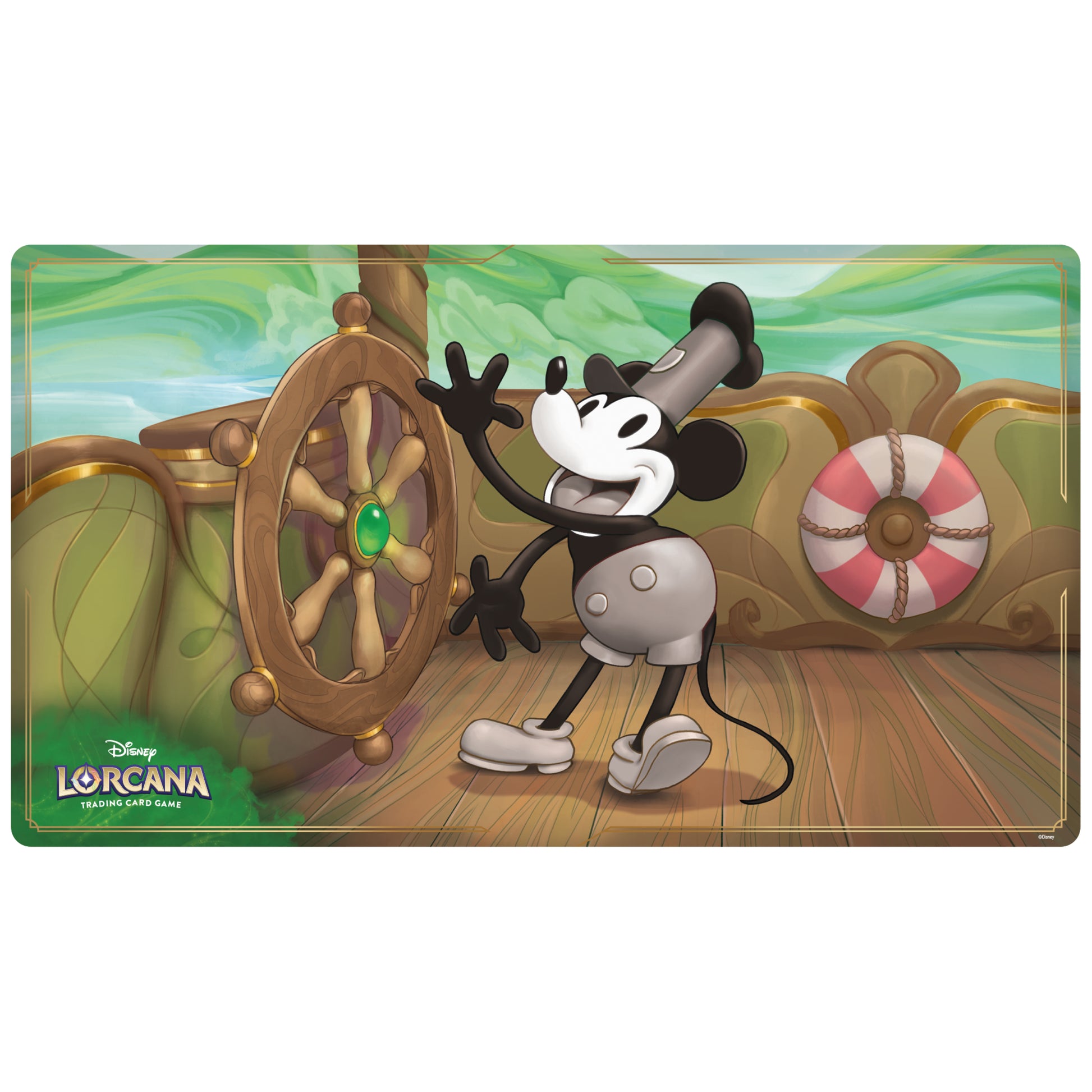 Lorcana Trading Card Game: The First Chapter Playmat - Mickey Mouse - Rectangular playmat with colorful cartoon scene of classic black-and-white Mickey Mouse steering a wooden ship’s wheel on a.