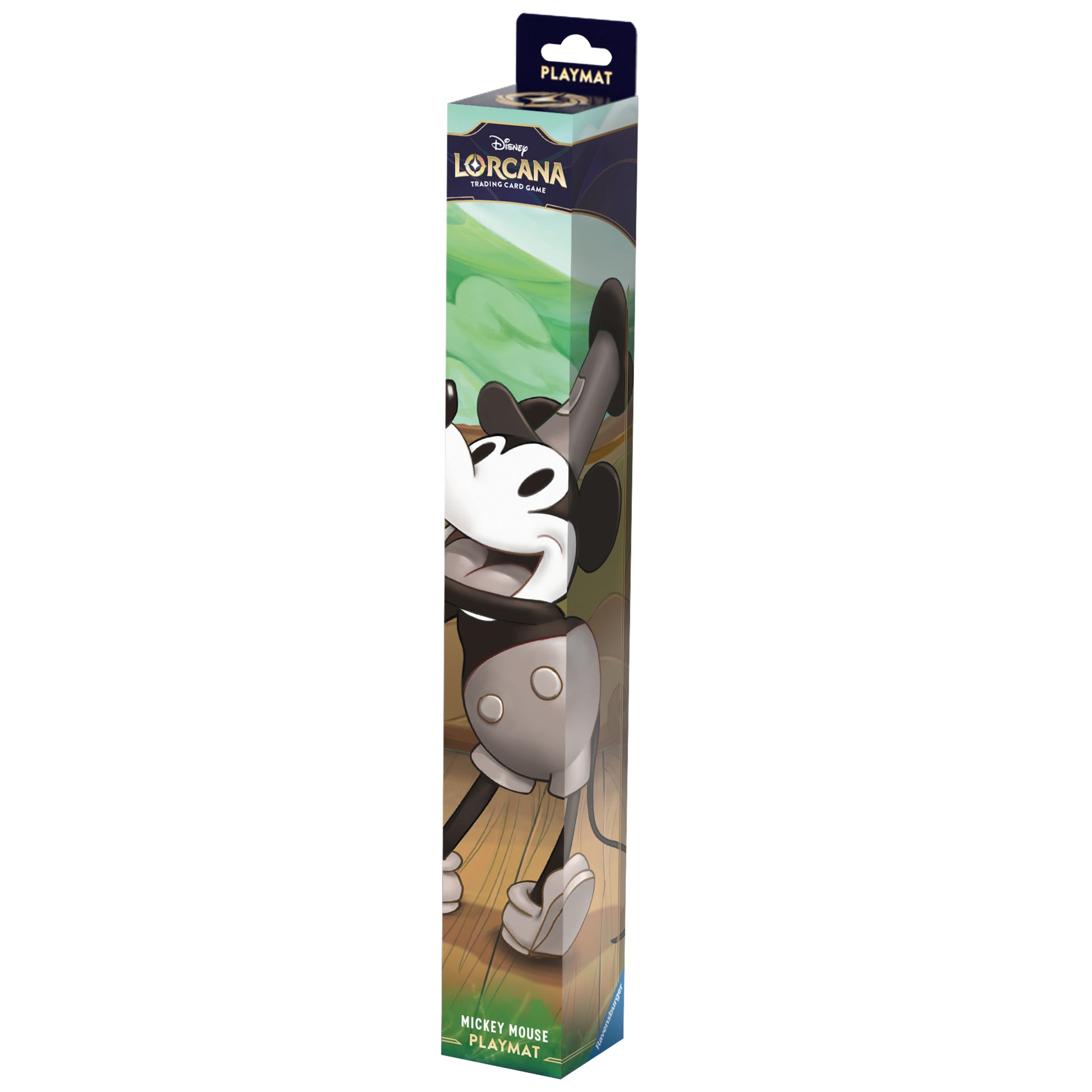 Lorcana Trading Card Game: The First Chapter Playmat - Mickey Mouse - Tall rectangular box packaging featuring vintage-style Mickey Mouse artwork in black, white, and gray tones with green and.