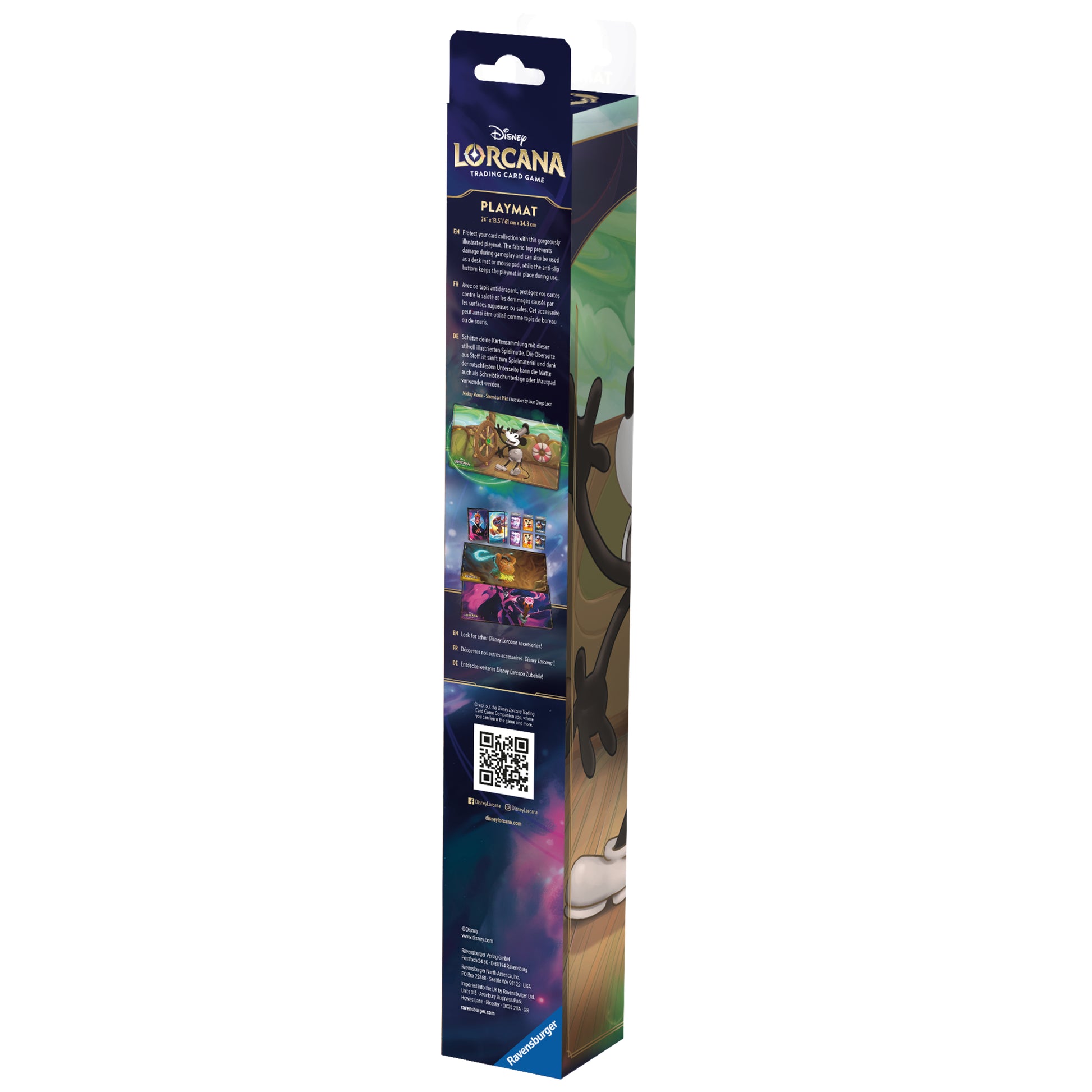 Lorcana Trading Card Game: The First Chapter Playmat - Mickey Mouse - Tall rectangular box packaging featuring Mickey Mouse artwork and Lorcana branding for a trading card game playmat.