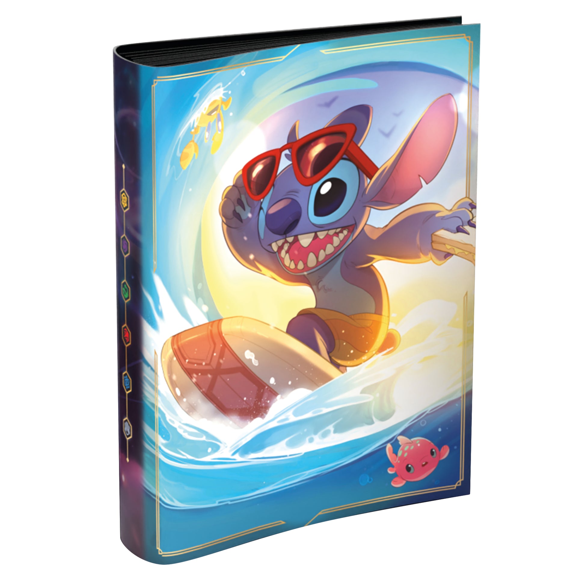Lorcana Trading Card Game: The First Chapter Portfolio - Stitch - Blue trading card portfolio featuring Stitch surfing with red sunglasses and a vibrant ocean wave design.
