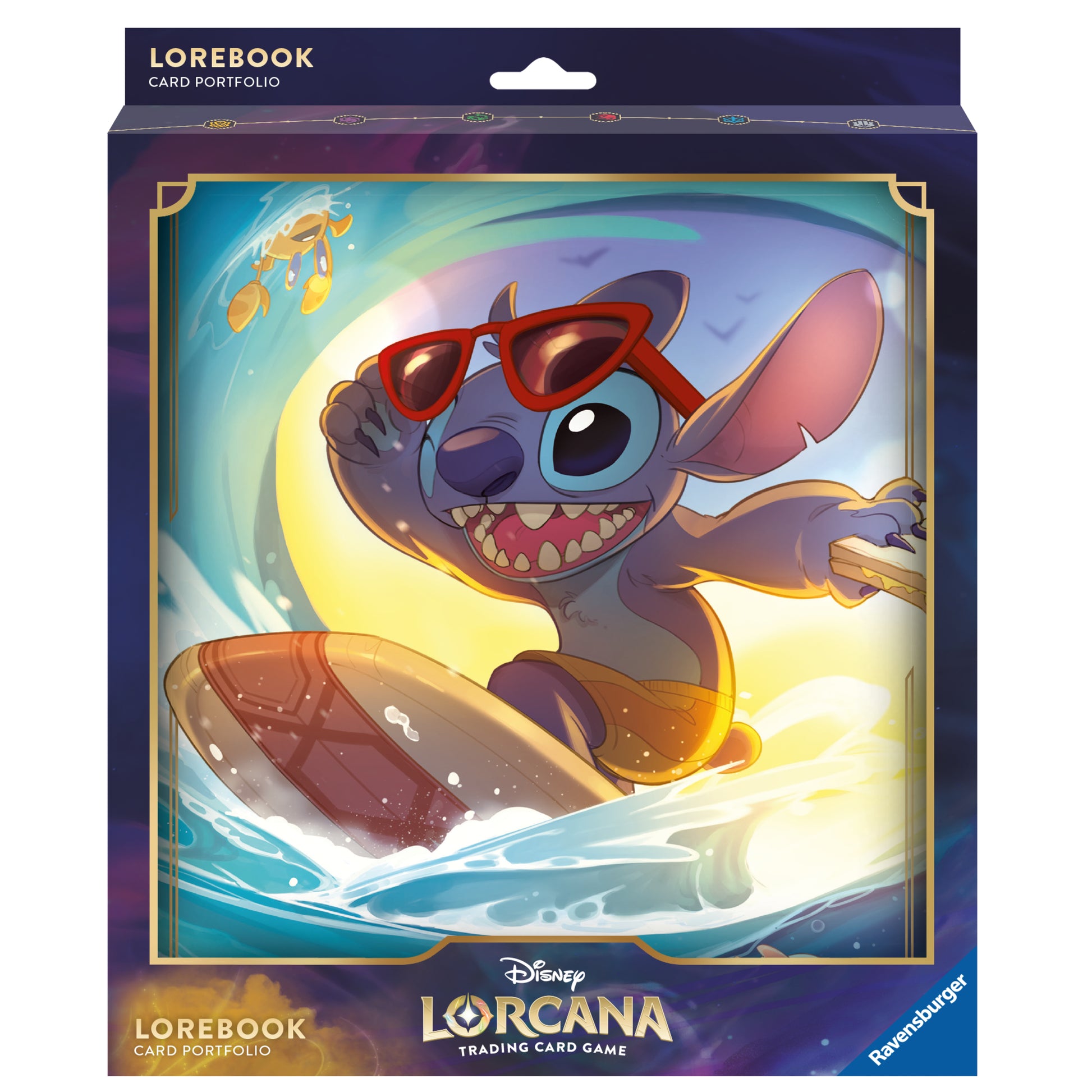 Lorcana Trading Card Game: The First Chapter Portfolio - Stitch - Card portfolio featuring Stitch surfing with red sunglasses on a vibrant sunset ocean background, framed in purple and gold.