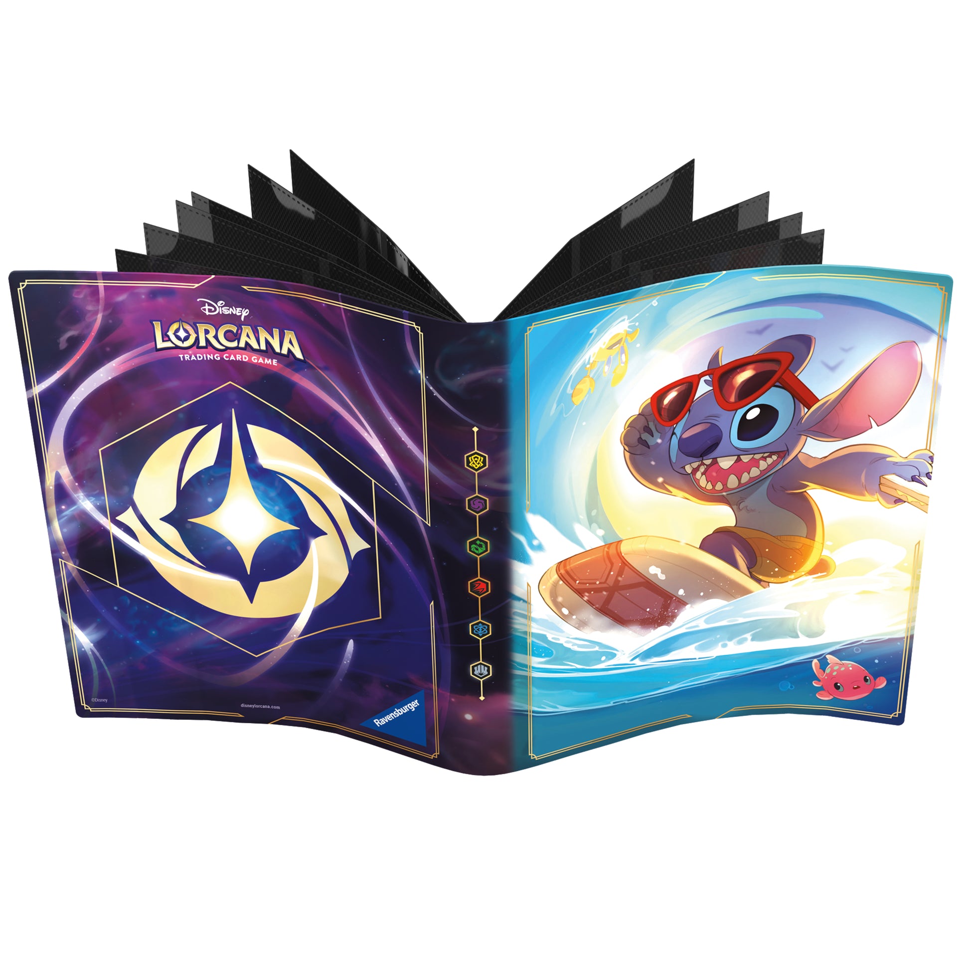 Lorcana Trading Card Game: The First Chapter Portfolio - Stitch - Open Lorcana trading card portfolio featuring a glossy purple cover with gold emblem and colorful inner page showing Stitch.