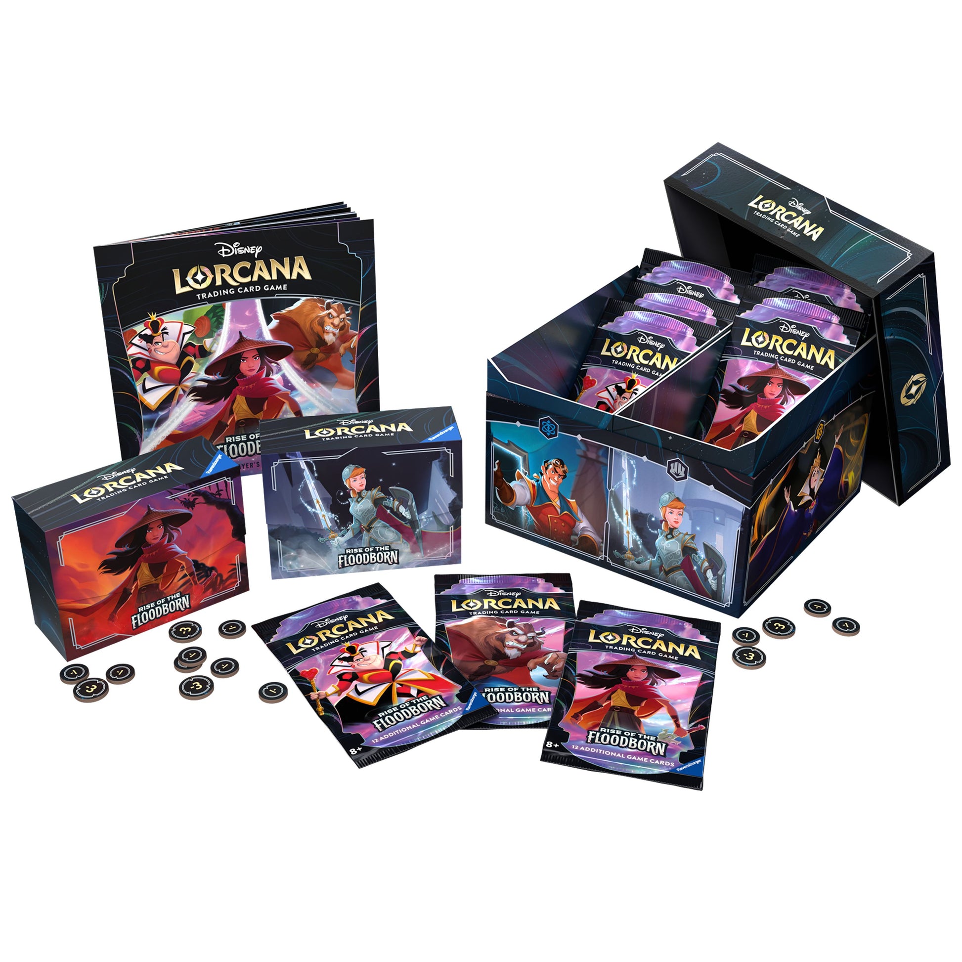Lorcana: Rise of the Floodborn Illumineer's Trove - Rise of the Floodborn Illumineer's Trove card game box with colorful character art, booster packs, and dark circular tokens.