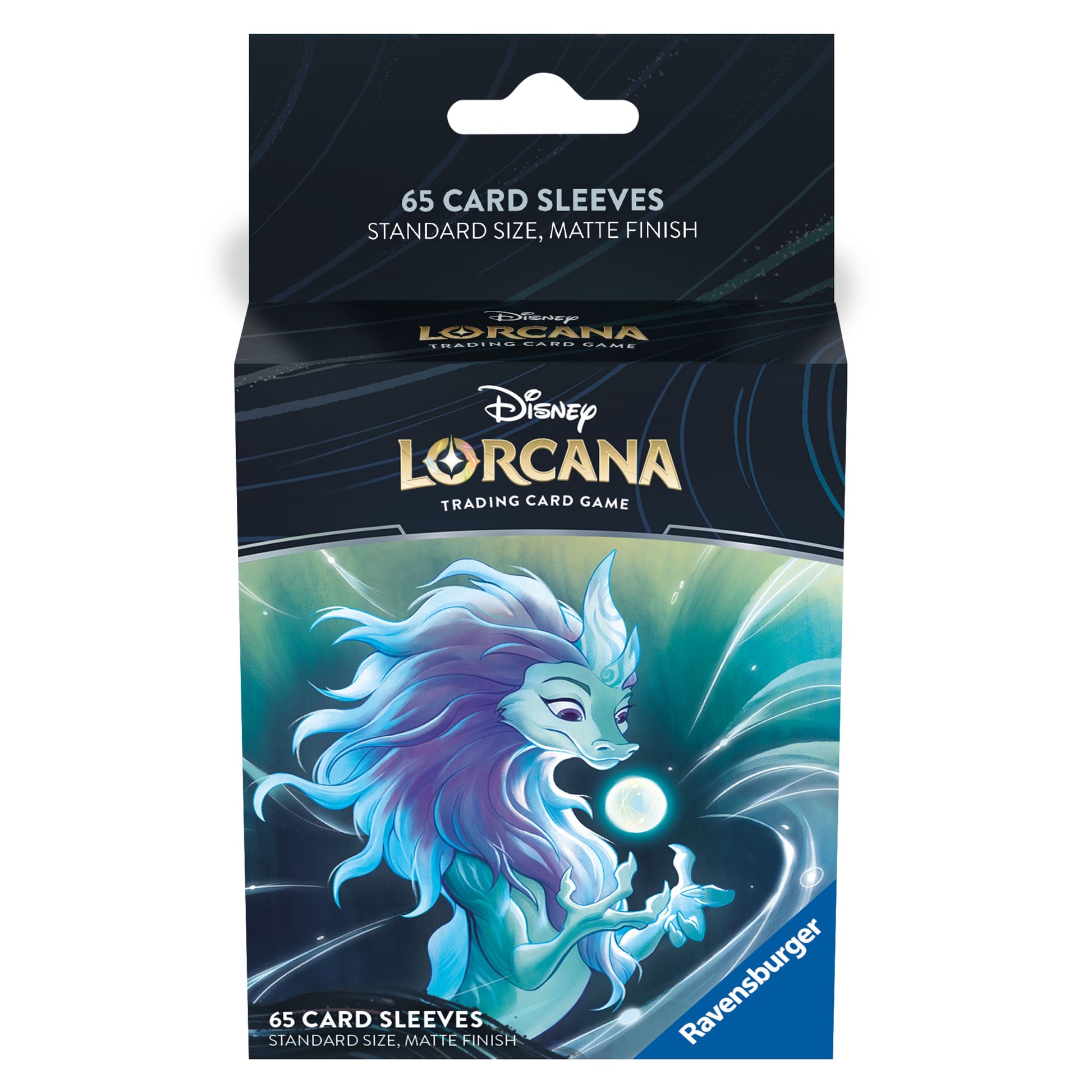 Lorcana: Floodborn - Sisu Card Sleeves - Blue and teal card sleeves pack featuring glowing white and purple lion-like creature artwork with matte finish.