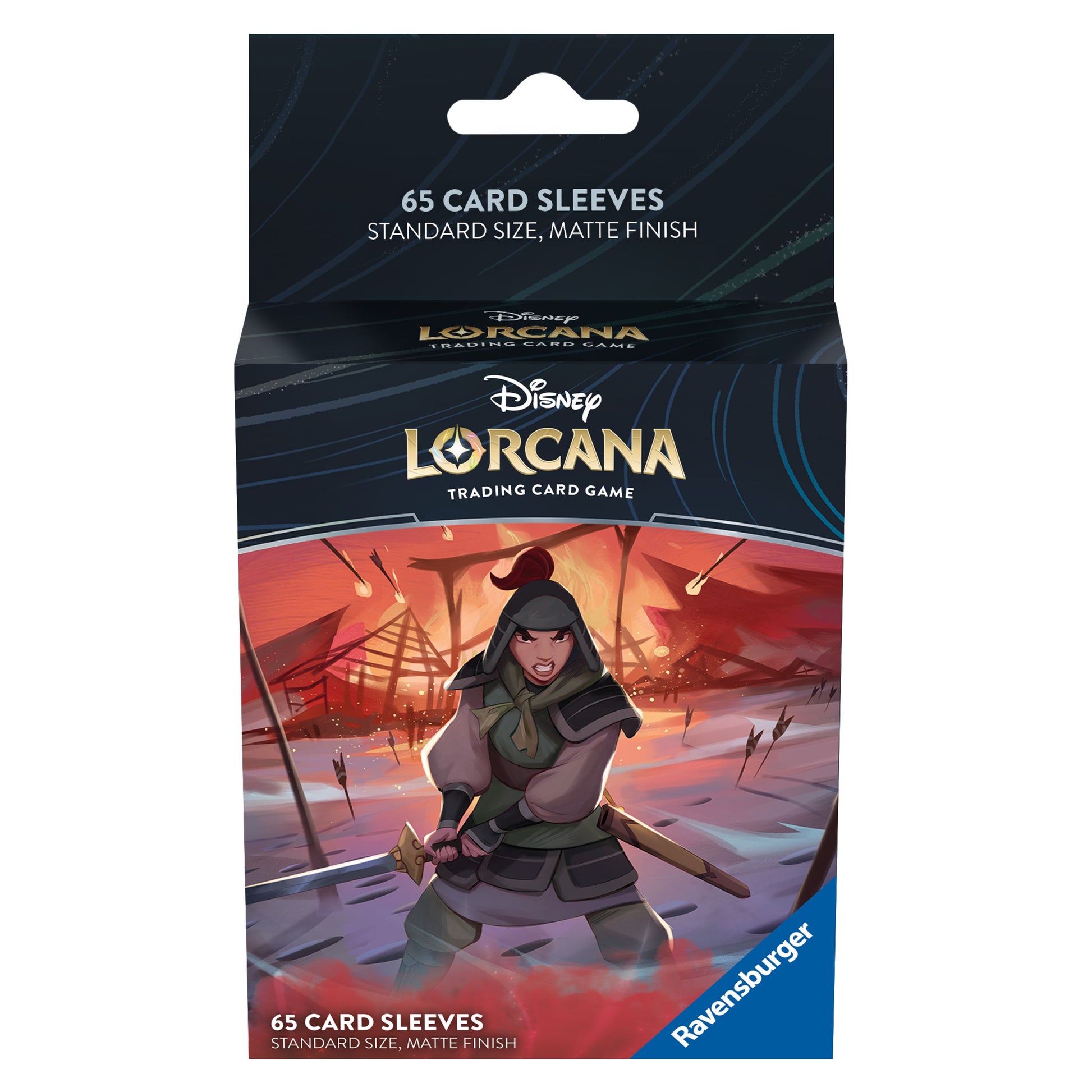 Lorcana: Floodborn - Mulan Card Sleeves - Matte-finish Lorcana card sleeves featuring Mulan in armor with red banners and a stormy sky background.