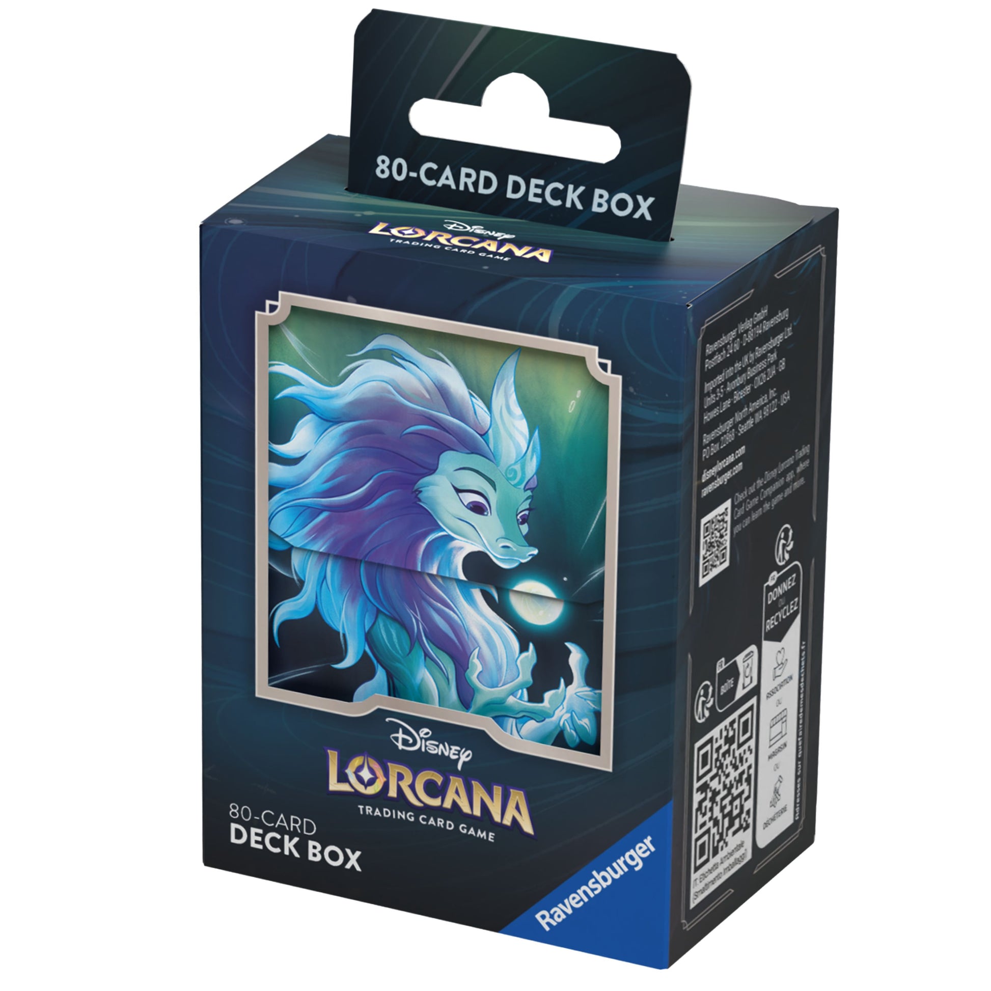 Lorcana: Floodborn - Sisu Deck Box - Rectangular Lorcana Floodborn Sisu deck box with blue and purple dragon artwork on the front and black packaging with text.
