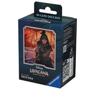 Lorcana: Floodborn - Mulan Deck Box - Dark blue rectangular deck box featuring an illustrated fierce female warrior with a sword, Viking ships, and fiery.