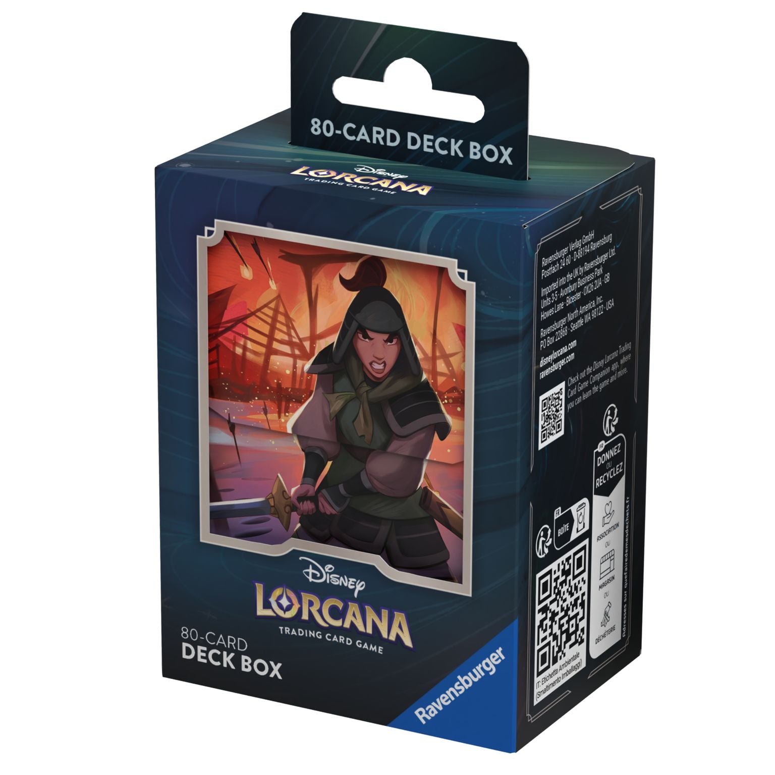 Lorcana: Floodborn - Mulan Deck Box - Dark blue rectangular deck box featuring an illustrated fierce female warrior with a sword, Viking ships, and fiery.