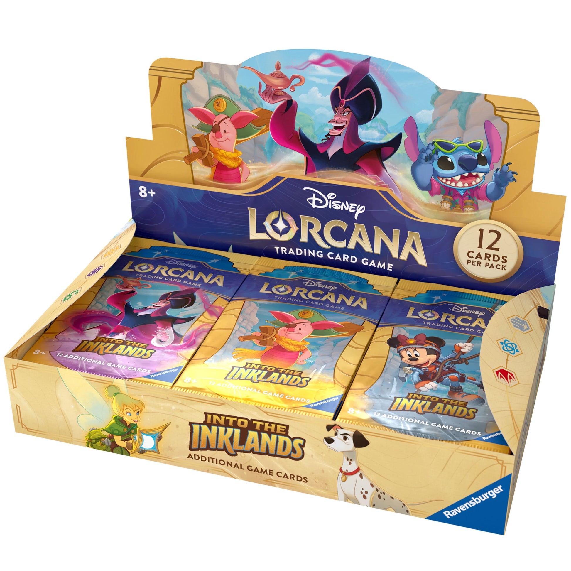 Lorcana Into the Inklands Booster Box - Gold and blue Lorcana Into the Inklands booster box displaying three colorful sealed card packs featuring animated Disney.