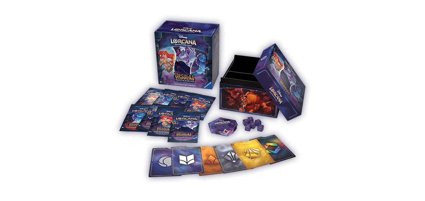 Lorcana TCG: Ursula's Return Illumineer's Trove - Lorcana TCG Ursula's Return Illumineer's Trove box set with card packs, dice, tokens, and play mats in dark blue and purple.