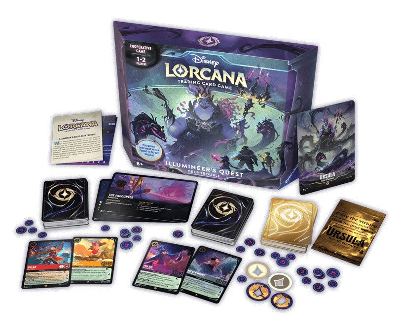 Lorcana TCG: Ursula's Return Illumineer's Quest - Deep Trouble - Lorcana TCG Ursula's Return Illumineer's Quest set with colorful illustrated cards, circular tokens, instruction booklet,.