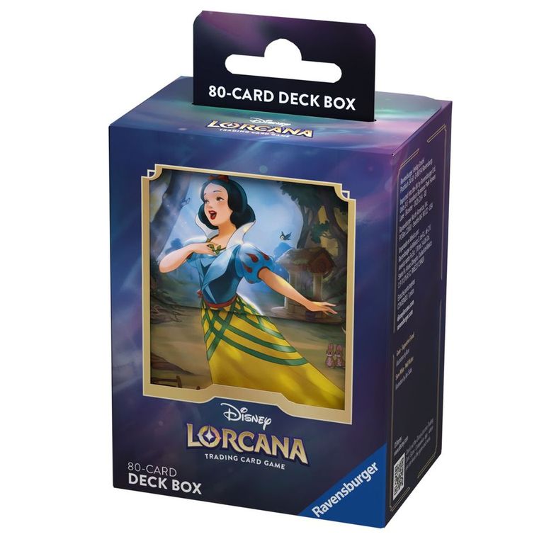 Lorcana TCG: Ursula's Return Deck Box - Snow White - Rectangular dark blue and purple deck box featuring Snow White artwork in vibrant colors on the front, labeled for 80-card.