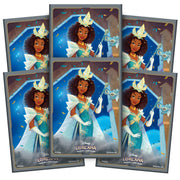 Lorcana TCG: Shimmering Skies Card Sleeves - Tiana - Set of six card sleeves featuring a brown-skinned female character with curly hair in a white and gold gown holding a.