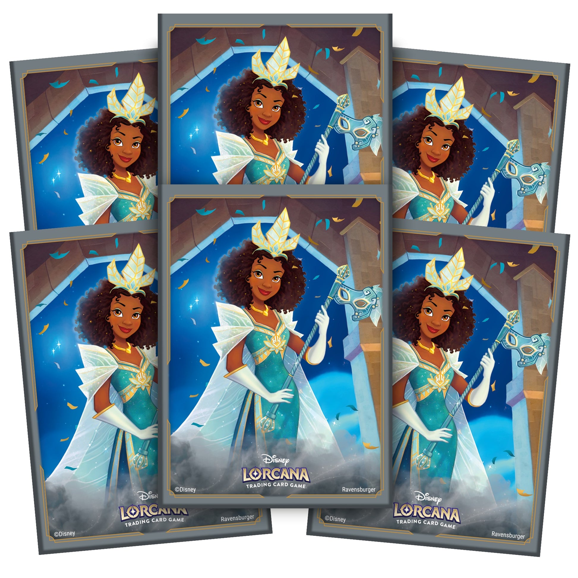 Lorcana TCG: Shimmering Skies Card Sleeves - Tiana - Set of six card sleeves featuring a brown-skinned female character with curly hair in a white and gold gown holding a.