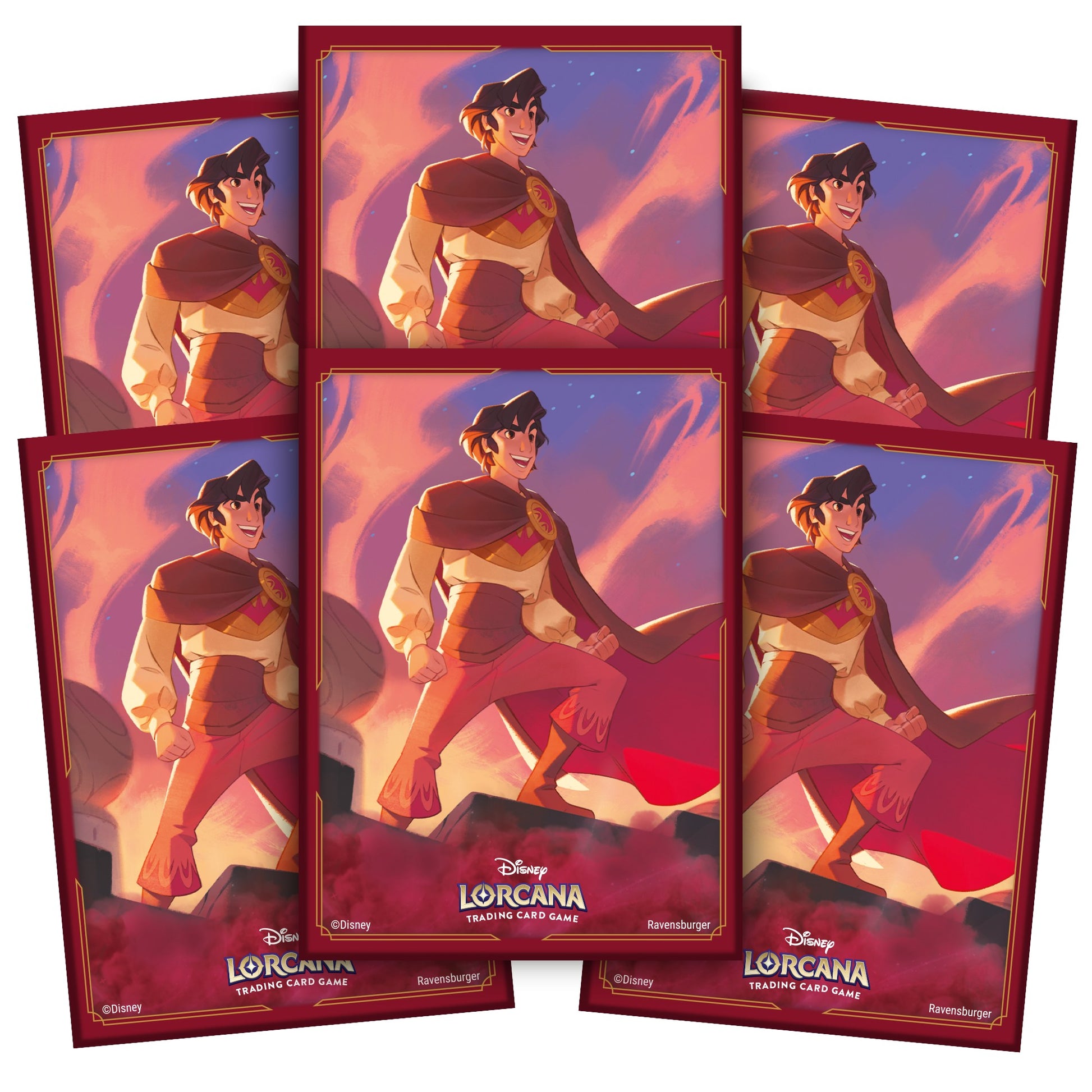 Lorcana TCG: Shimmering Skies Card Sleeves - Aladdin - Set of six card sleeves featuring Aladdin in red outfit against a sunset sky, with Lorcana logo at bottom.