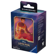 Lorcana TCG: Shimmering Skies Deck Box - Aladdin - Purple and blue rectangular Lorcana deck box featuring Aladdin artwork and gold decorative accents.