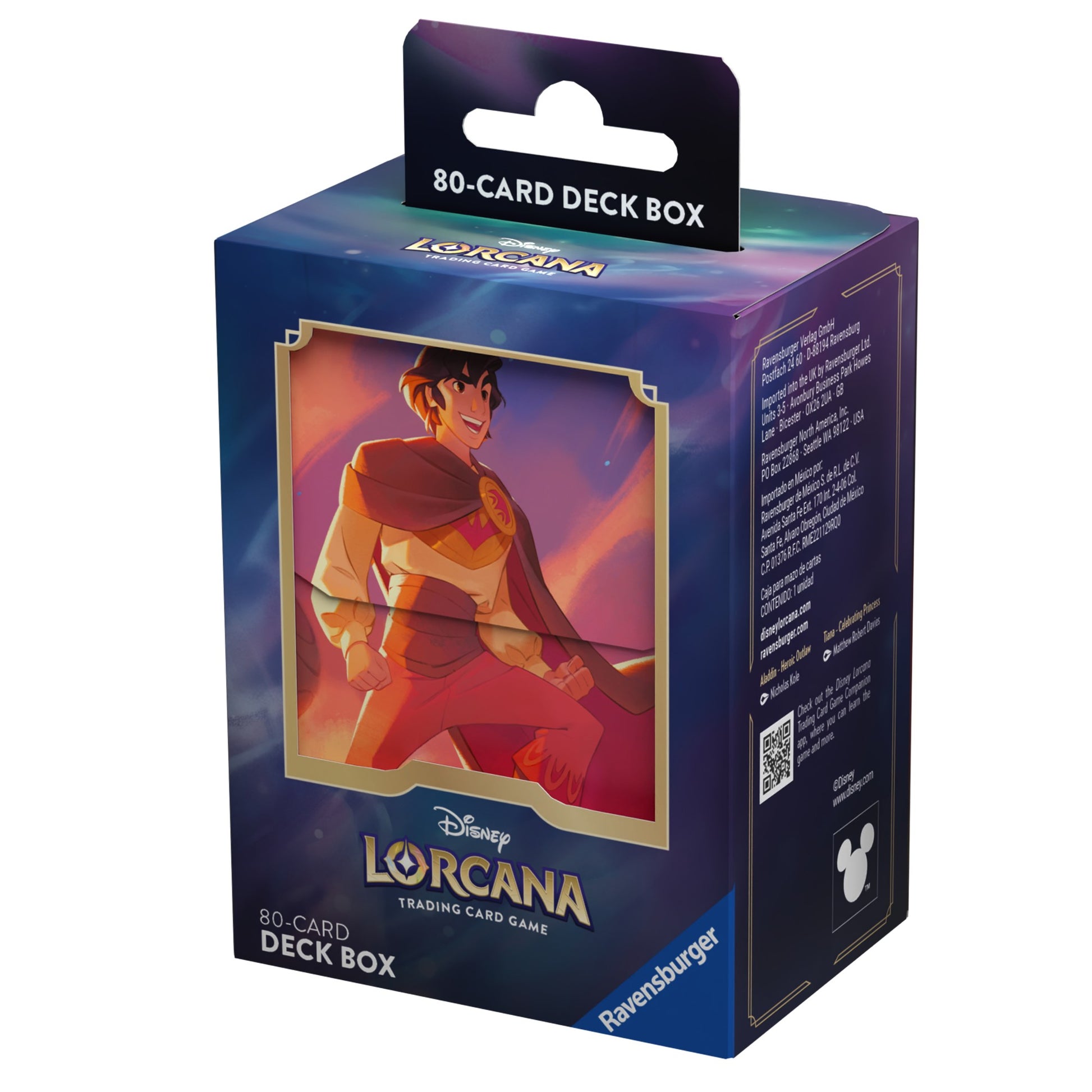 Lorcana TCG: Shimmering Skies Deck Box - Aladdin - Purple and blue rectangular Lorcana deck box featuring Aladdin artwork and gold decorative accents.
