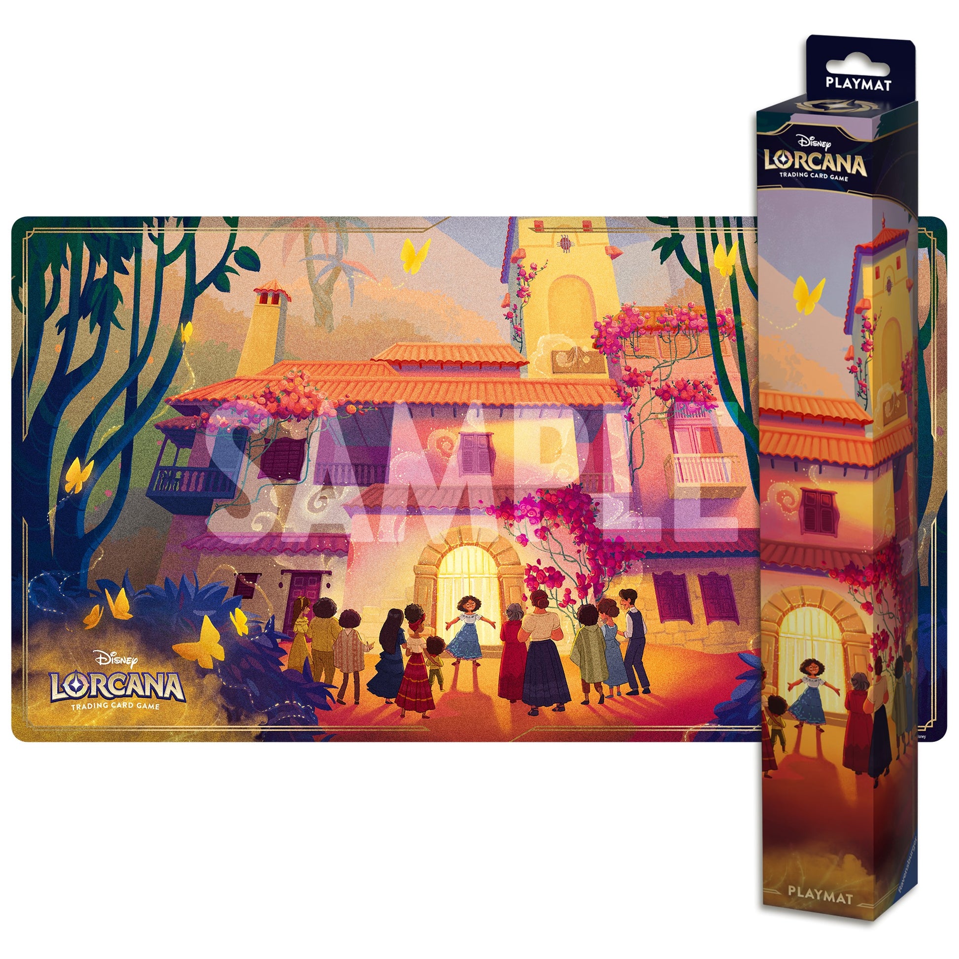 Lorcana TCG: Shimmering Skies Playmat Encanto - Colorful Lorcana TCG playmat featuring an enchanted village scene with warm tones and silhouetted characters.