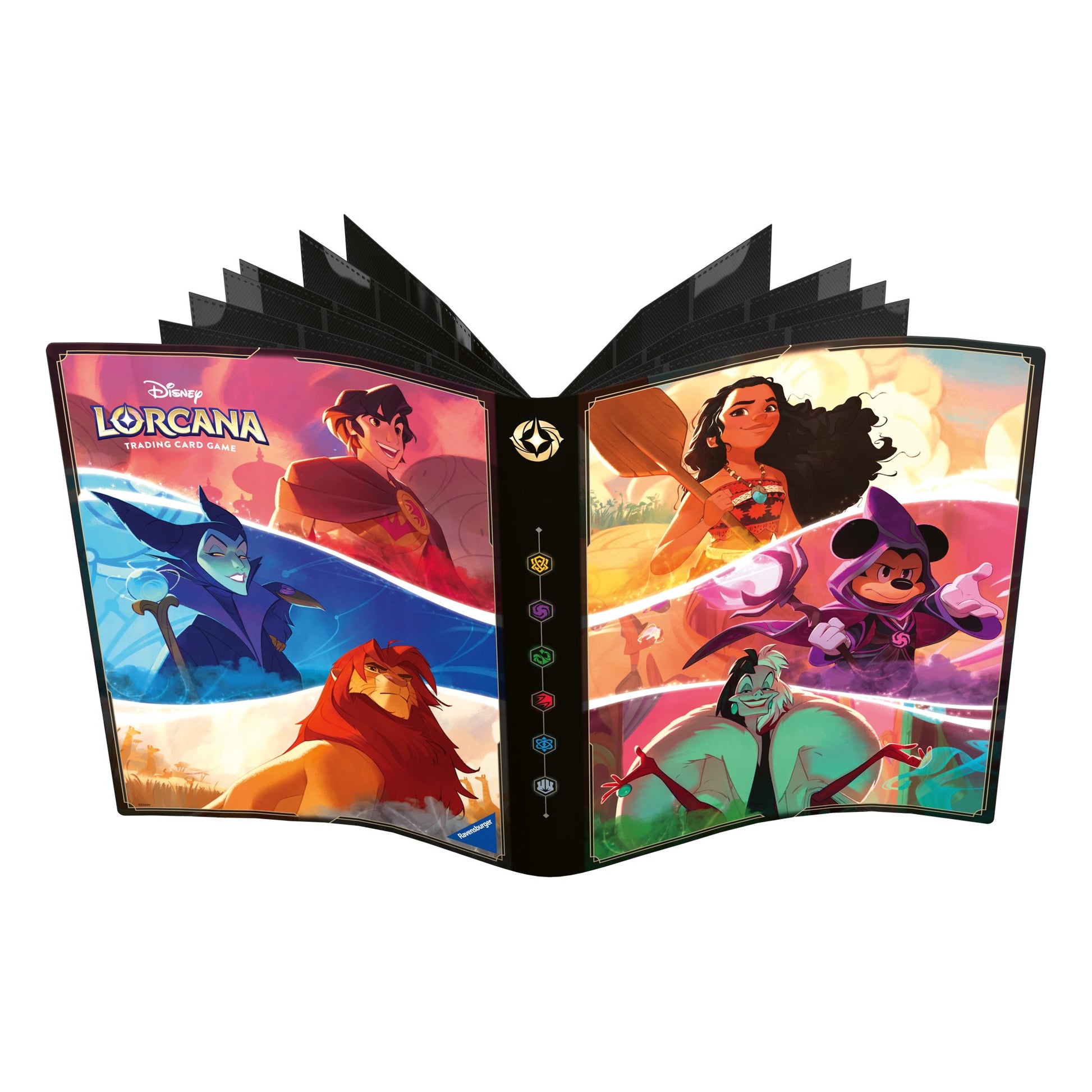 Lorcana TCG: Shimmering Skies 9pkt Portfolio - Open black binder-style portfolio with glossy Lorcana TCG artwork featuring colorful animated characters on covers and.