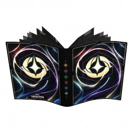 Lorcana TCG: Branded 9pkt Portfolio - Black Lorcana TCG branded portfolio with colorful swirling light patterns and central gold emblem on each side.