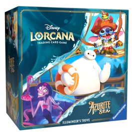 Lorcana TCG: Azurite Sea Illumineer's Trove - Blue and teal Lorcana TCG Azurite Sea Illumineer's Trove box featuring animated characters Baymax, Stitch, and a purple.